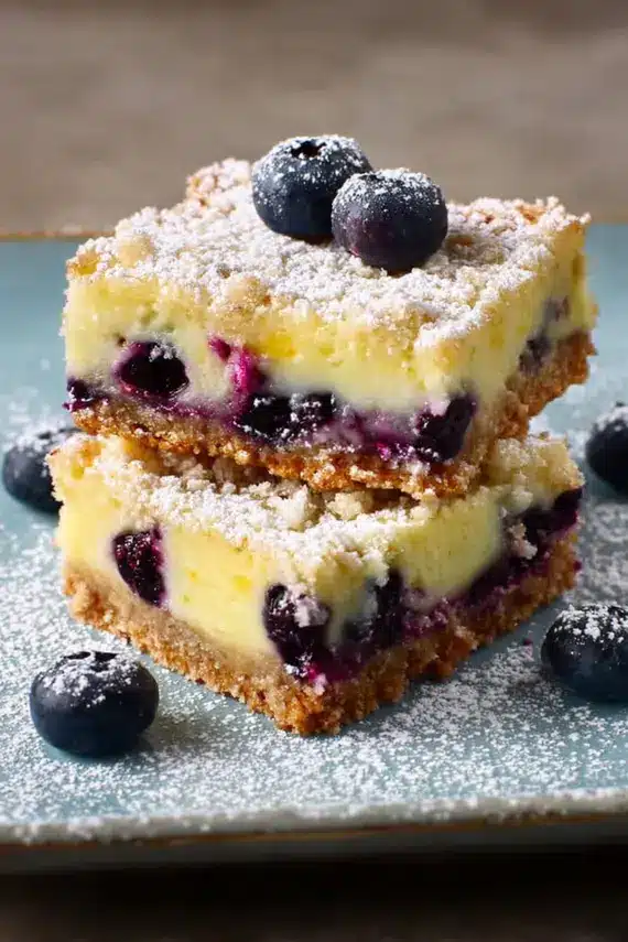Blueberry lemon bars arranged on a serving platter with fresh berries