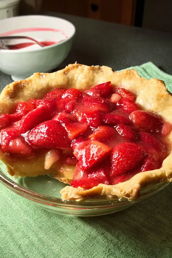 Close-up of fresh strawberry filling in a perfectly baked pie