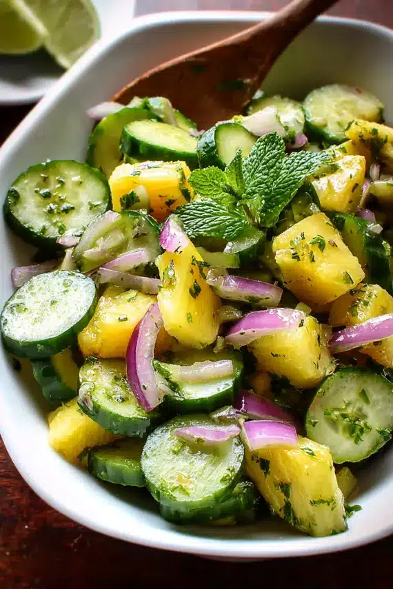 Cucumber pineapple salad served in a decorative bowl with garnishes