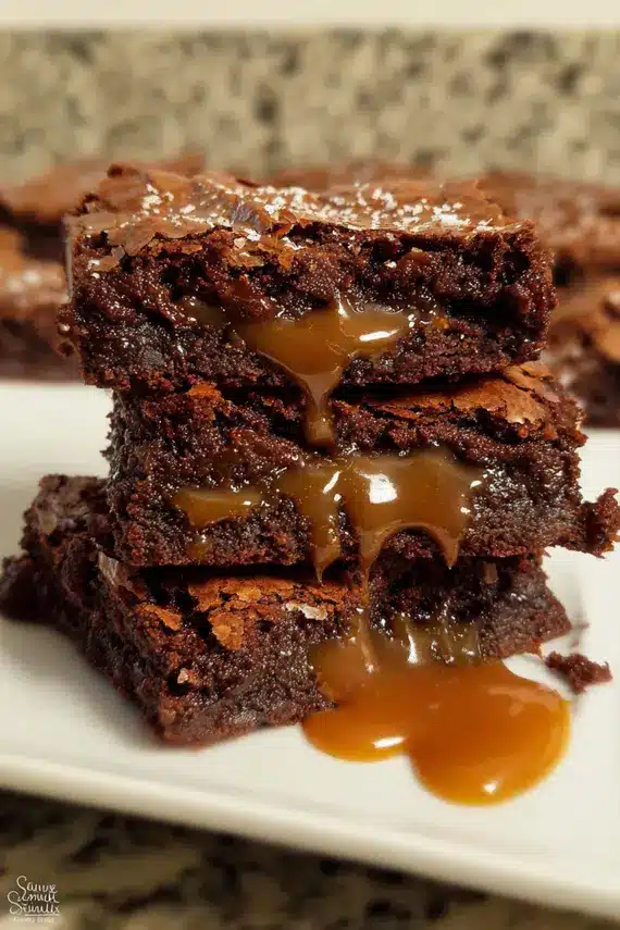 Fudgy chocolate brownies with caramel swirls served on a dessert plate with ice cream