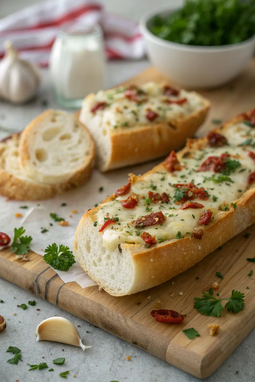 Freshly baked chili garlic cheese bread showing melted cheese and garnishes