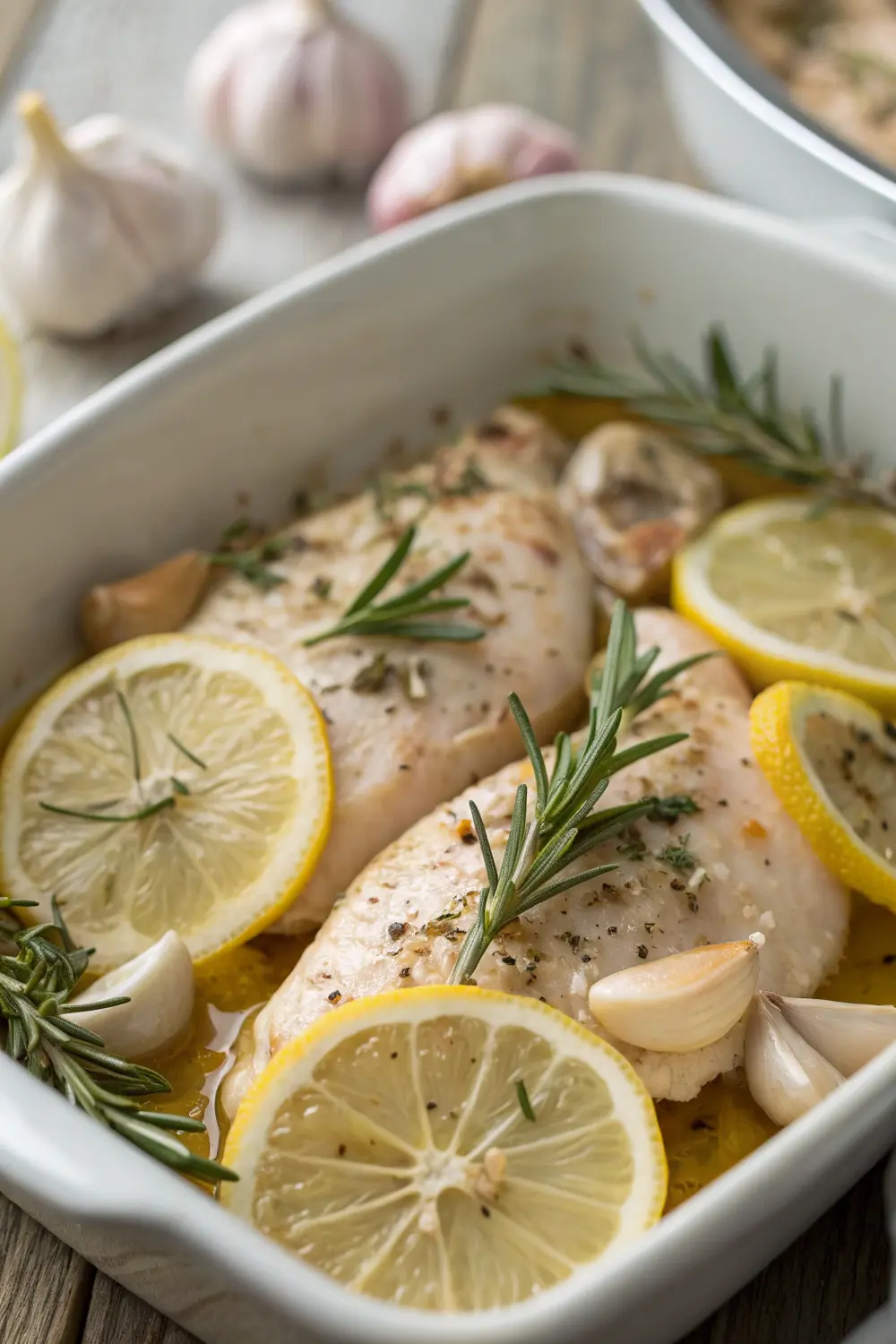 Freshly roasted lemon garlic herb chicken on a serving plate with fresh herbs and lemon slices
