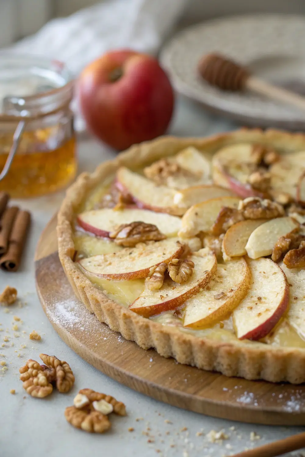 Gluten free apple brie tart showing golden crust with melted brie and baked apples