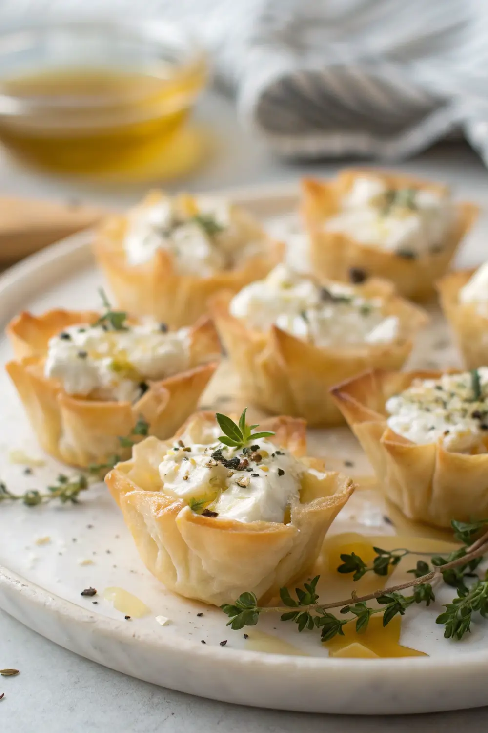 Freshly baked golden goat cheese phyllo bites arranged on a serving platter with honey drizzle and fresh thyme garnish