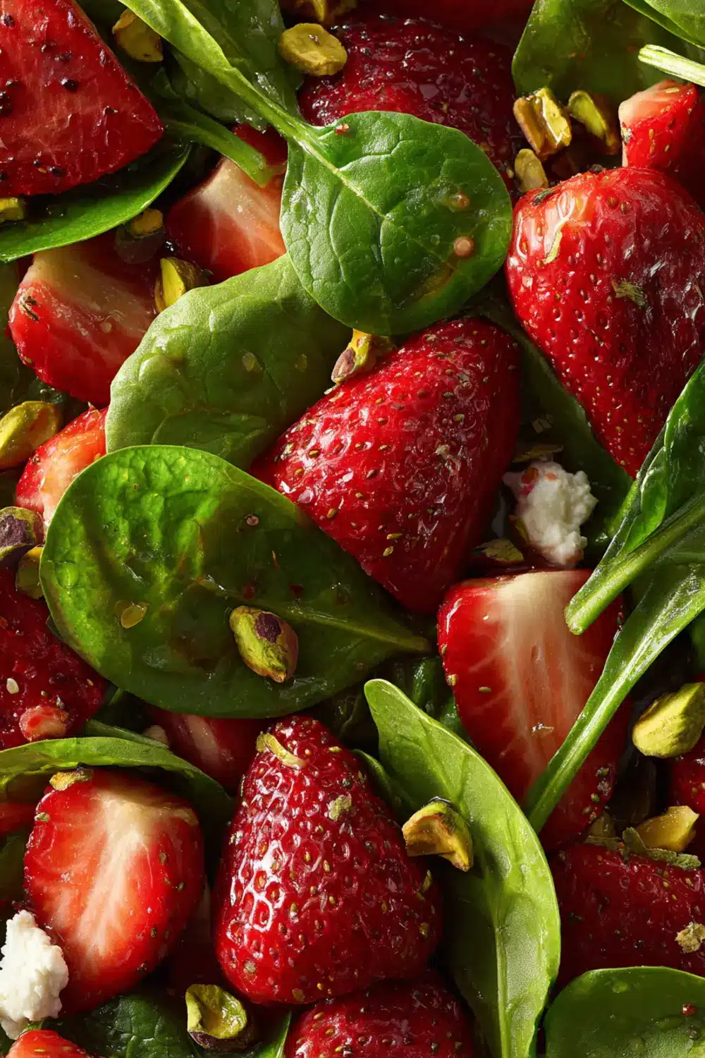 Close-up of strawberry spinach salad with visible crumbles of goat cheese and chopped pistachios