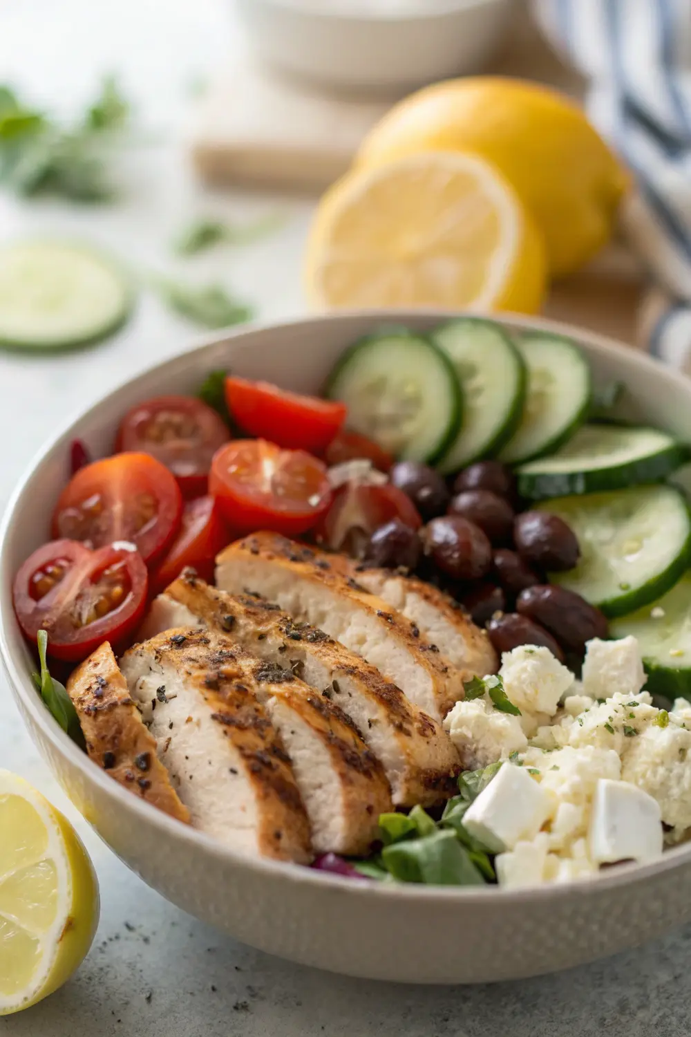 Mediterranean Chicken Bowl with grilled chicken, fresh vegetables, and quinoa