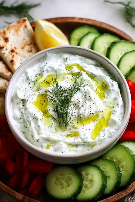 Homemade tzatziki sauce in a white bowl with cucumber slices and herbs