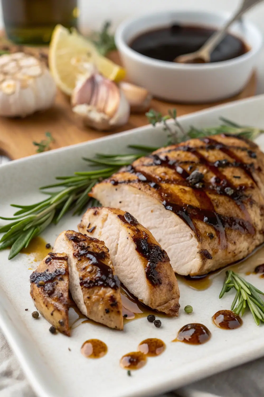 Sliced balsamic grilled chicken served on a platter with fresh herbs and vegetables