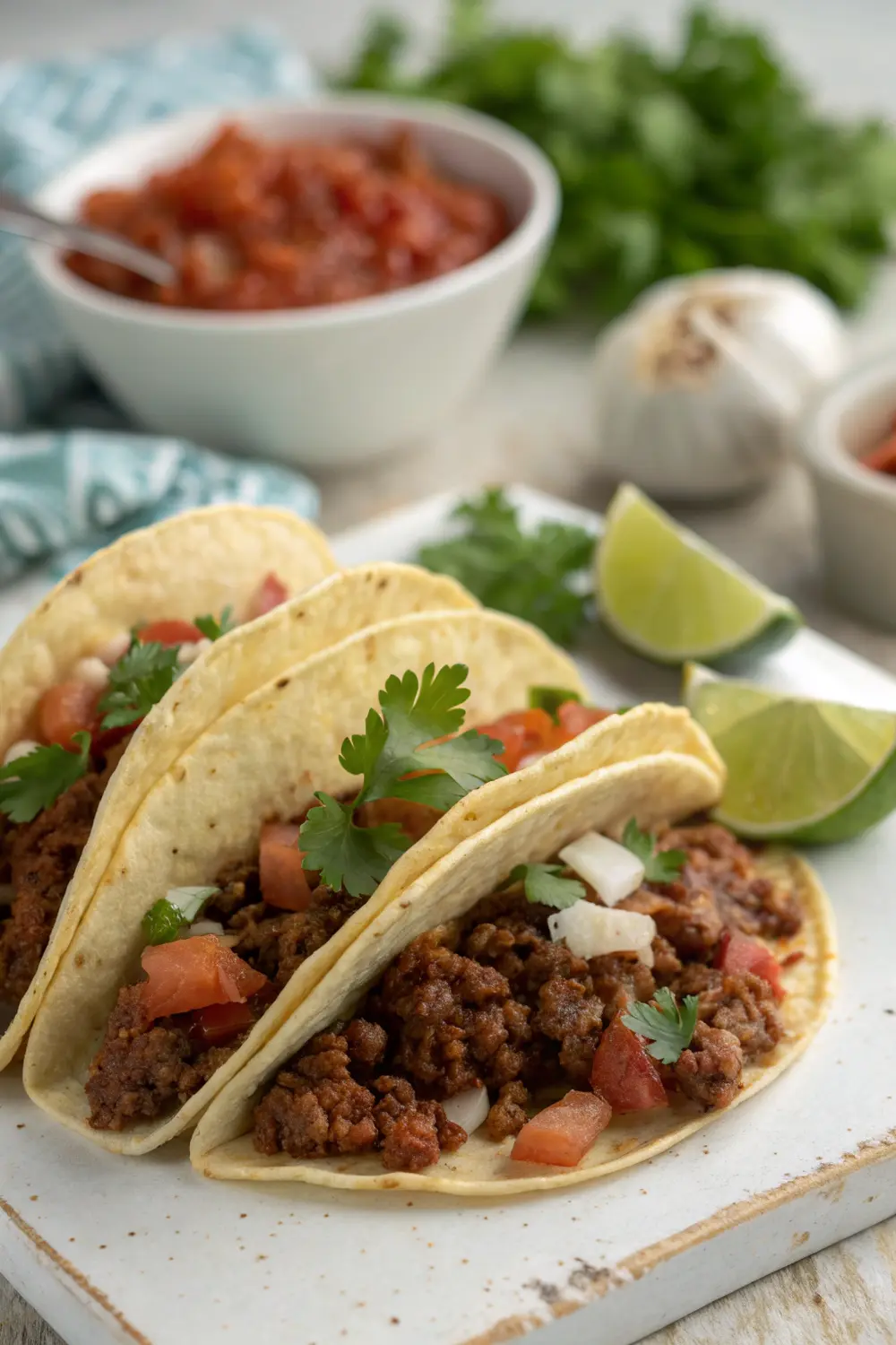 Perfectly seasoned ground beef taco meat in a skillet with tomatoes and spices