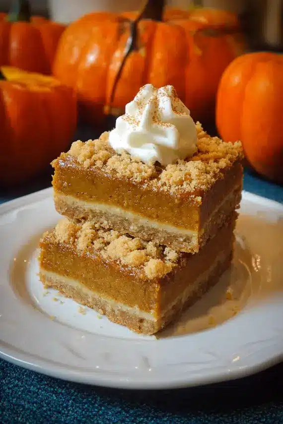 Pumpkin pie bars served on a festive holiday platter with whipped cream