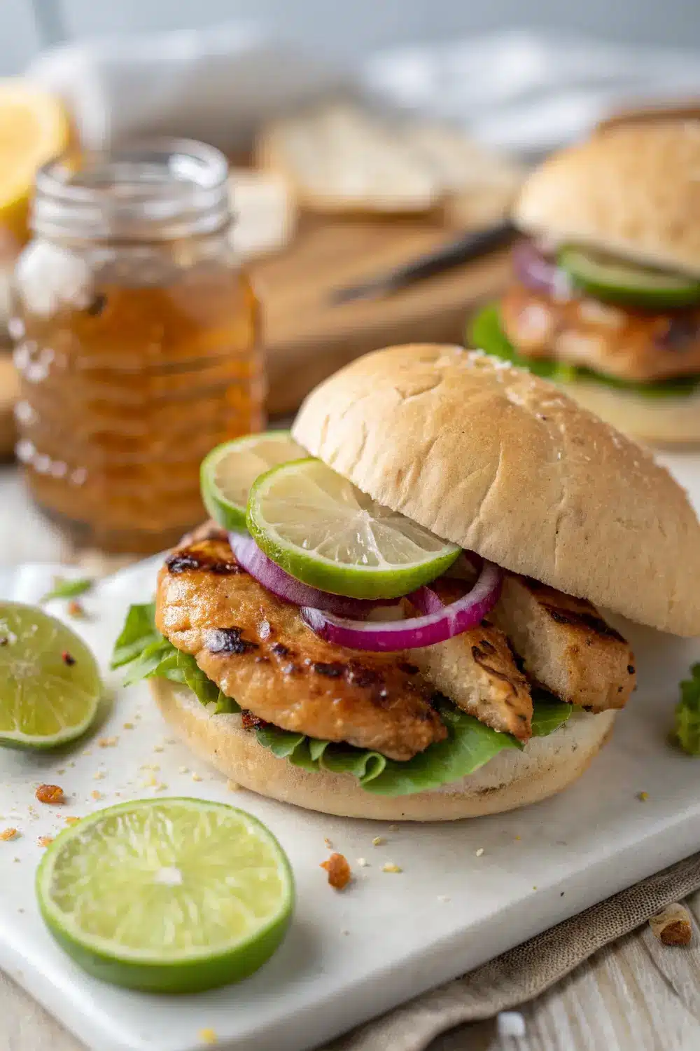 Honey Lime Chicken Sandwich with golden chicken and fresh toppings