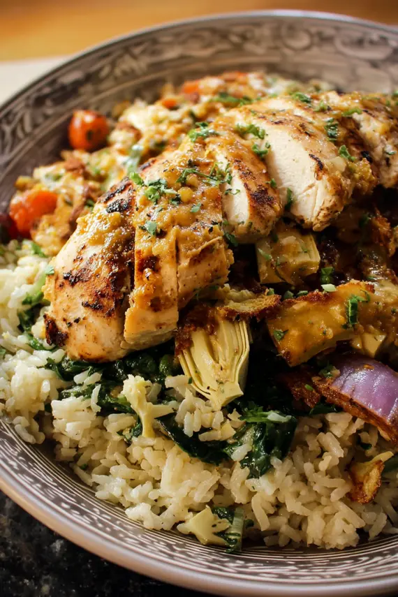 Honey Mustard Chicken Spinach Artichoke Rice Bowls with golden brown chicken pieces and vibrant vegetables