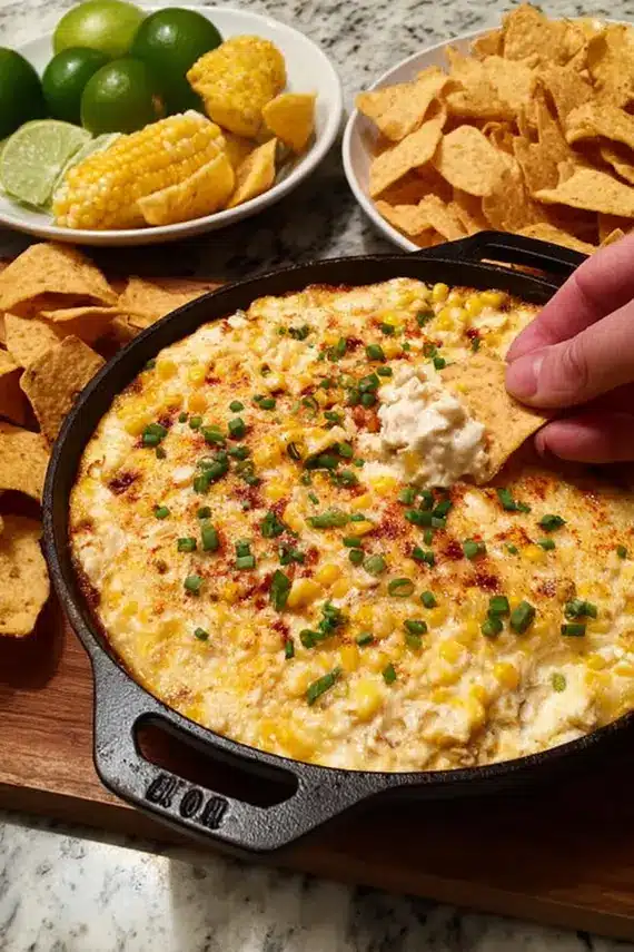 Close-up of jalapeño corn dip being scooped with a tortilla chip showing the creamy texture and corn kernels