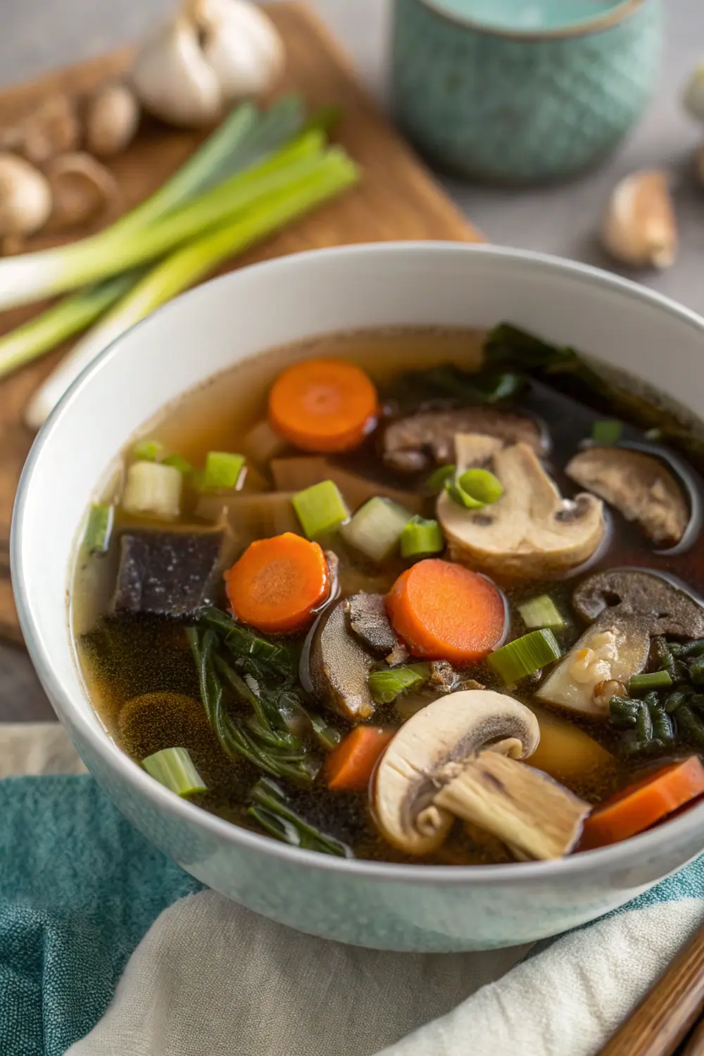 Bowl of mushroom kombu vegetable broth with floating herbs and vegetables