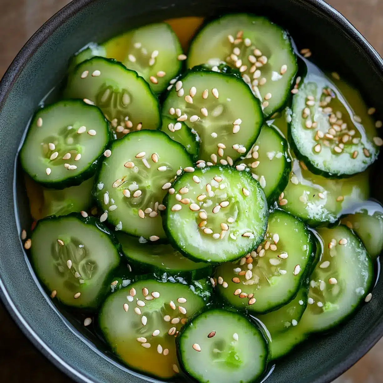 Din Tai Fung style cucumber salad with thin slices arranged in a shallow bowl with sesame seeds sprinkled on top