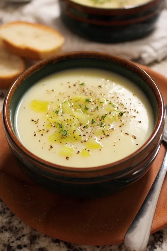 A bowl of potato leek soup with garnishes and bread on the side