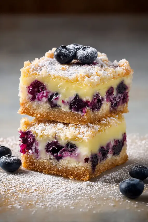 Freshly baked blueberry lemon bars with powdered sugar dusting
