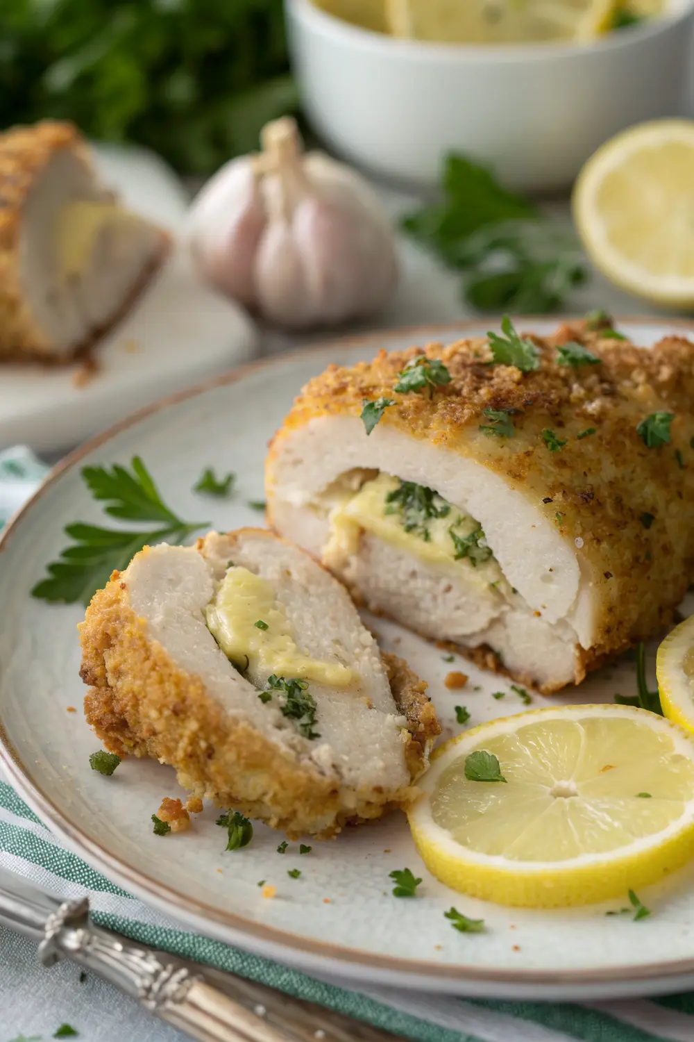 Lemon garlic chicken kiev plated with side dishes and garnish