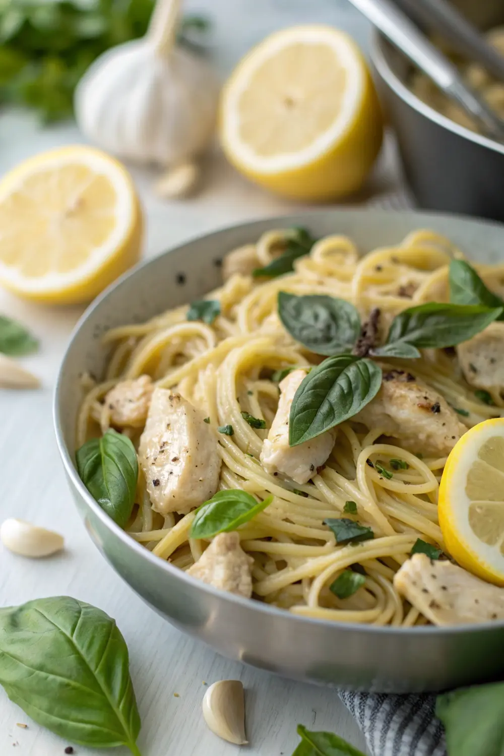 Finished lemon basil chicken pasta in a skillet showing bright colors and fresh herbs