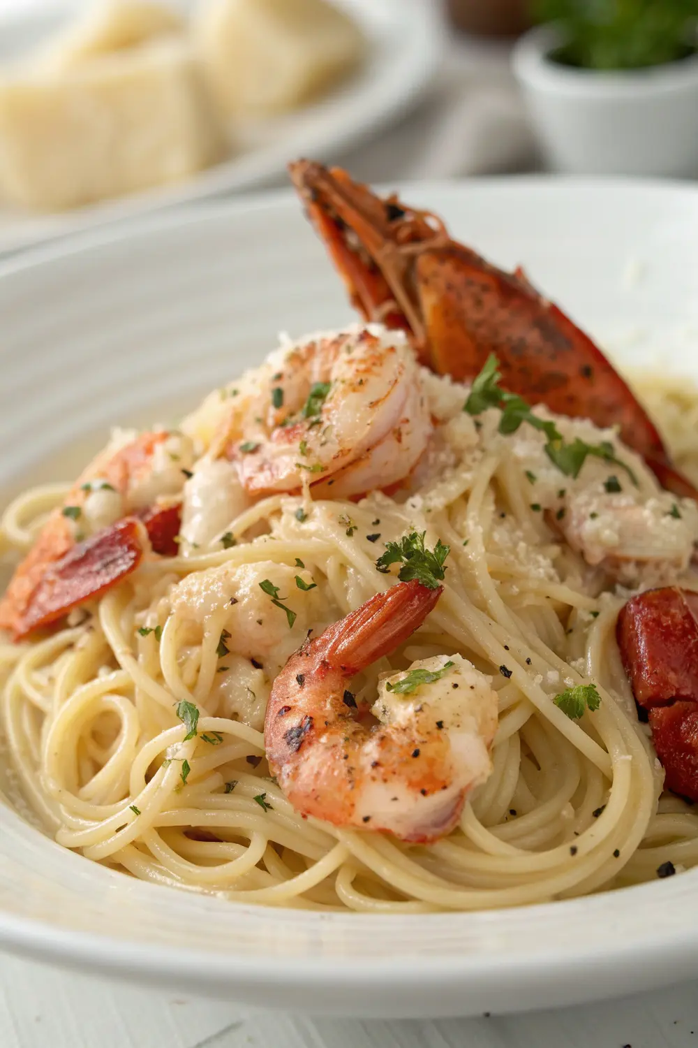 Creamy lobster shrimp spaghetti with swirls of pasta and chunks of seafood