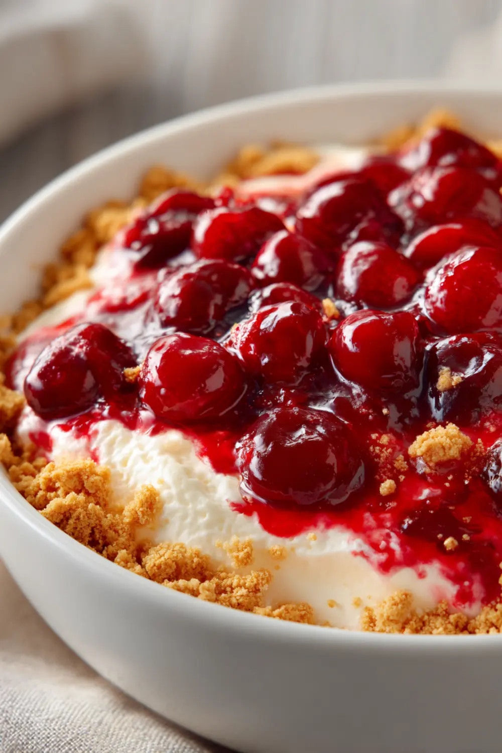 Beautiful sliced Cherry Cheesecake Lush Dessert being served