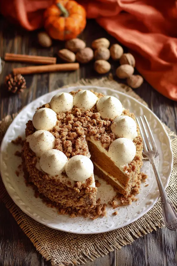 Close-up of maple glaze being drizzled over a freshly baked pumpkin cake with streusel topping