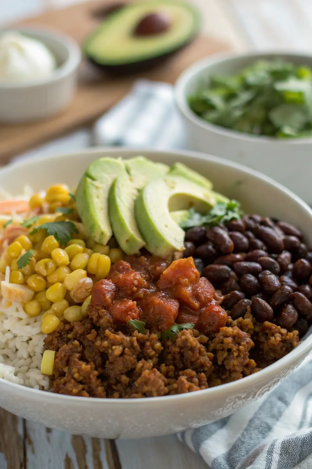 Colorful taco bowl with fresh ingredients and garnishes