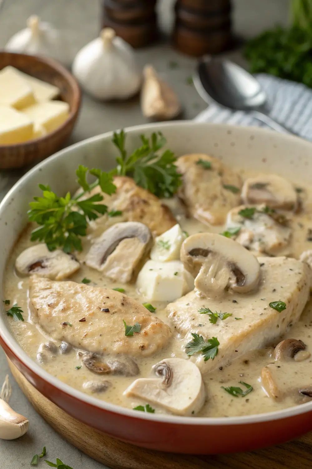 Creamy mushroom chicken in a skillet with fresh herbs