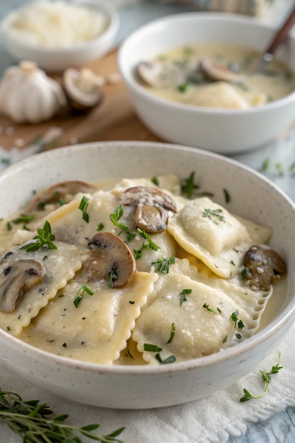 Creamy mushroom ravioli in a skillet with Parmesan cheese being sprinkled on top