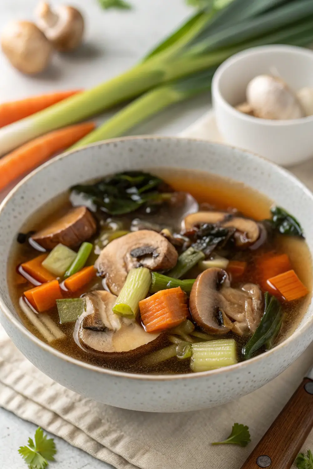 Various dishes made with mushroom kombu vegetable broth including soup, risotto and noodles