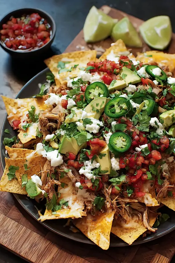 Various nachos toppings including cheese, avocado, and jalapeños