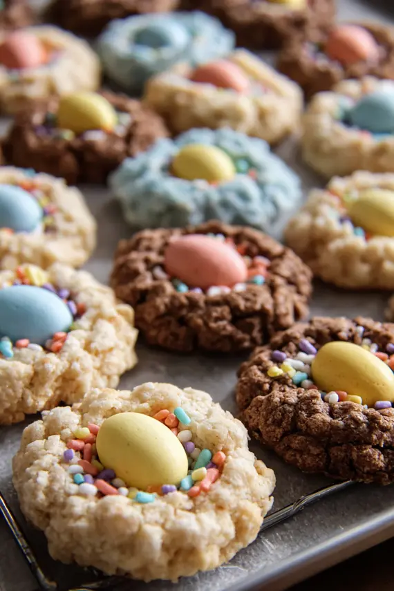 Easter nest cookies arranged on a decorative spring platter