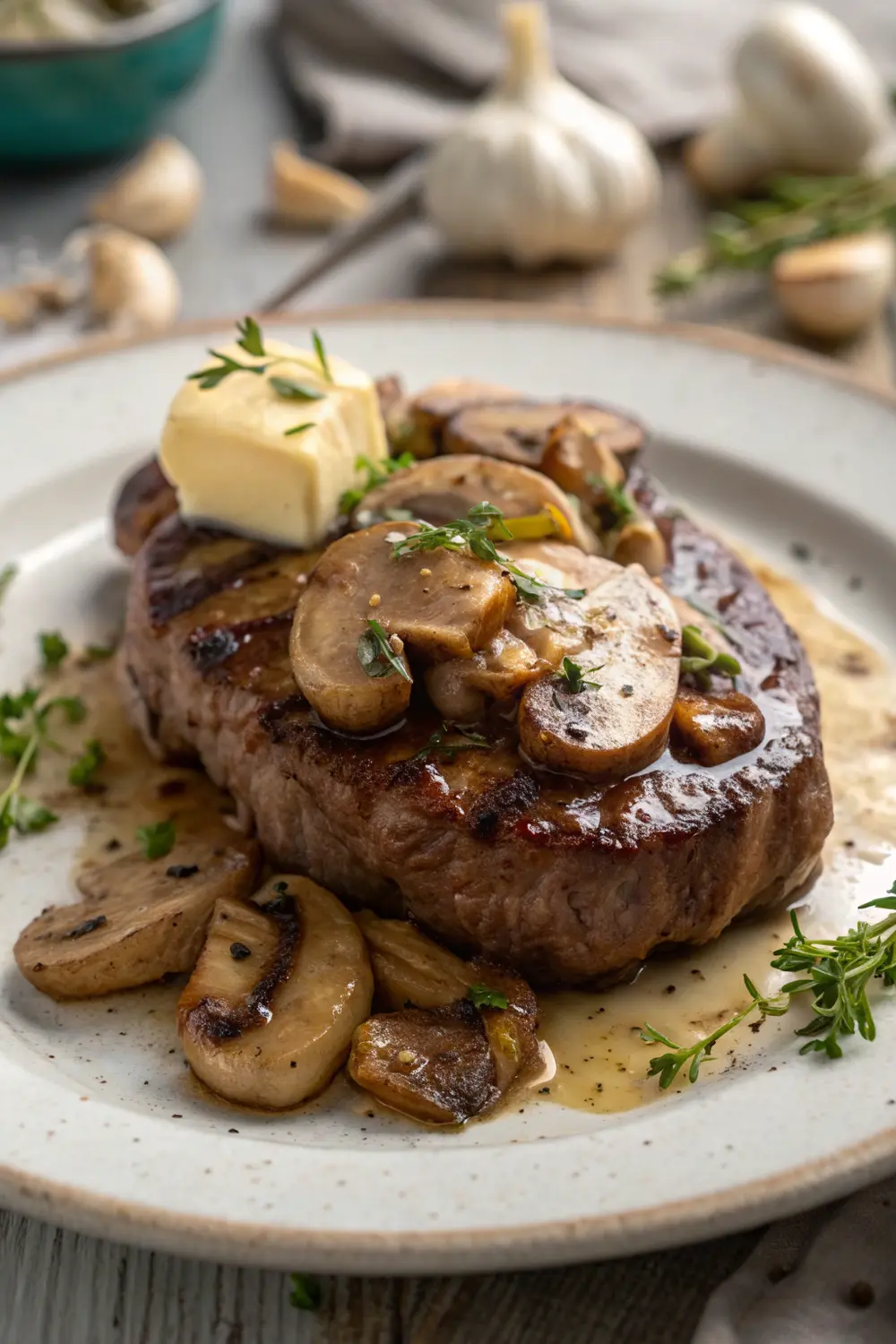 Perfectly pan-seared ribeye steak with mushroom sauce on a plate