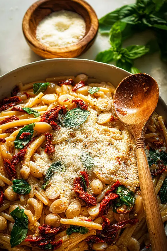 Close up of sun dried tomato pasta sauce with herbs and Parmesan