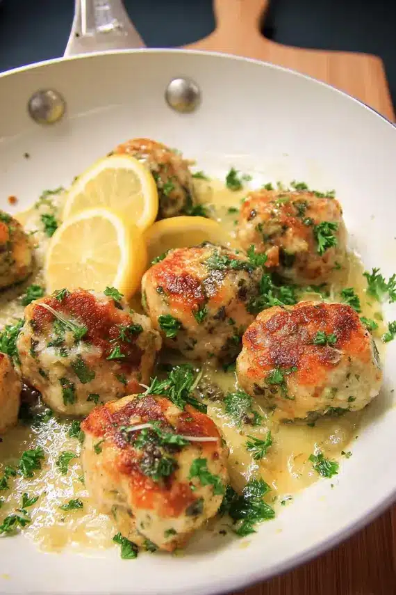 Close-up of piccata sauce being poured over golden brown chicken meatballs