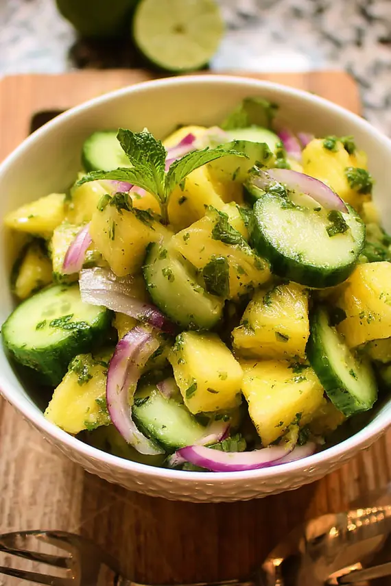 Fresh cucumber pineapple salad with homemade dressing in a white bowl
