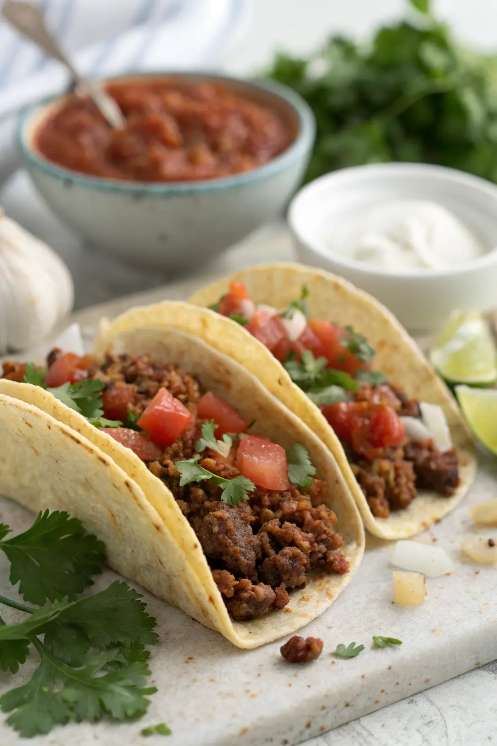Taco meat served with various toppings including cheese, lettuce, tomatoes, and sour cream