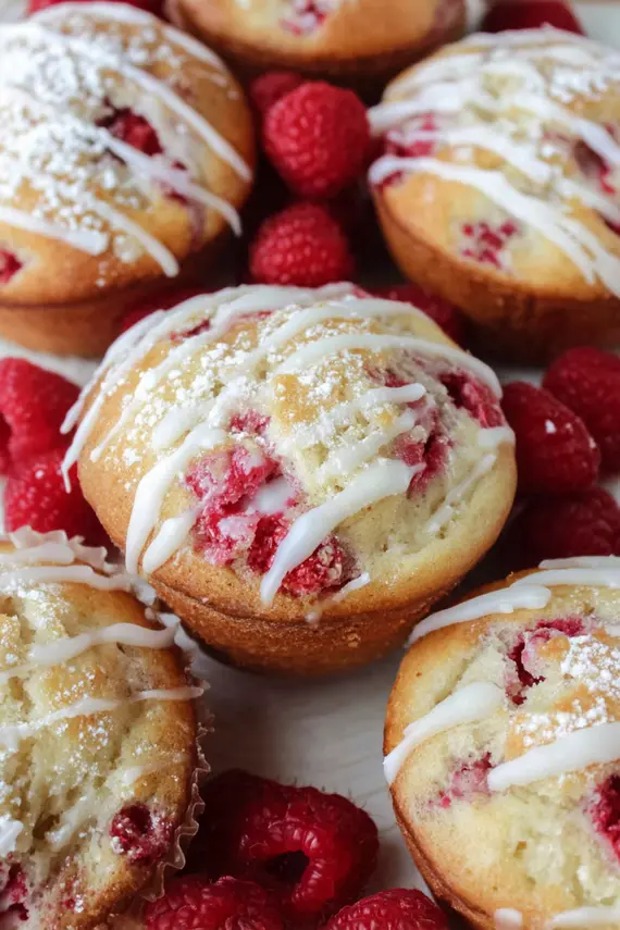 Freshly baked raspberry muffins with glaze drizzle on a cooling rack