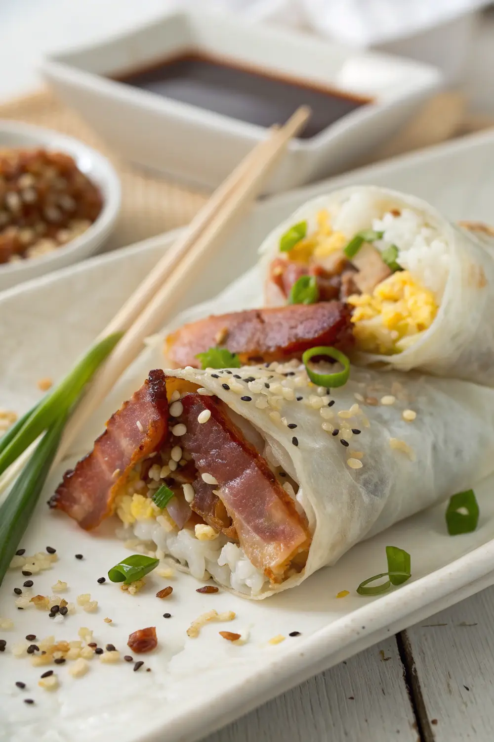 Delicious bacon egg rice paper wrap cut in half showing the filling