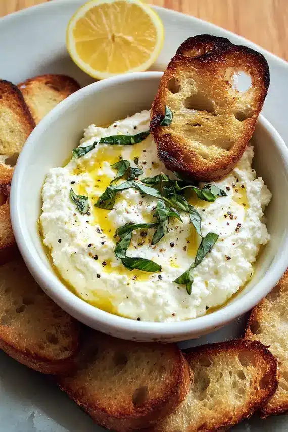 Whipped ricotta cheese spread in a bowl with olive oil drizzle and fresh herbs