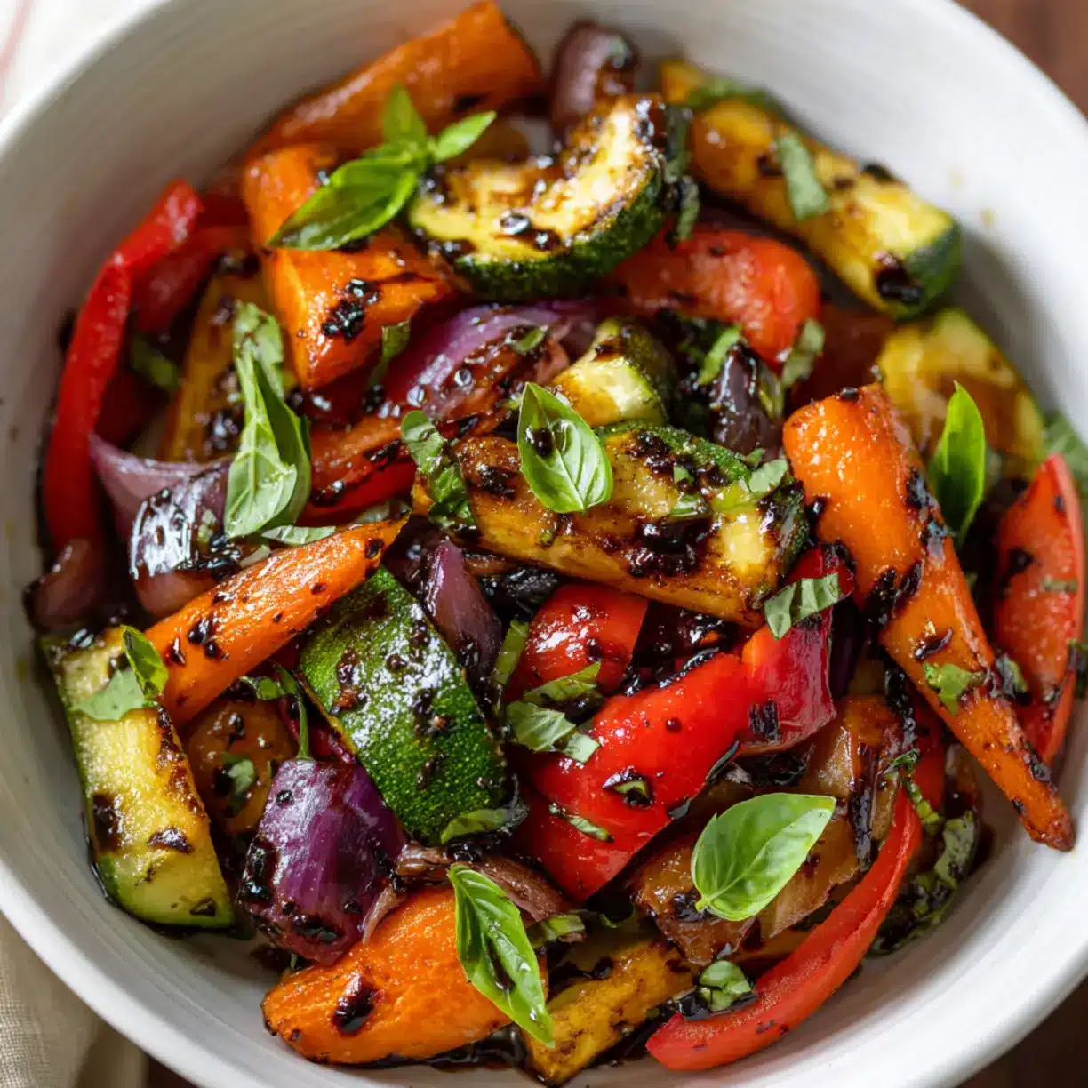 Colorful roasted vegetable medley with balsamic glaze served in a rustic bowl