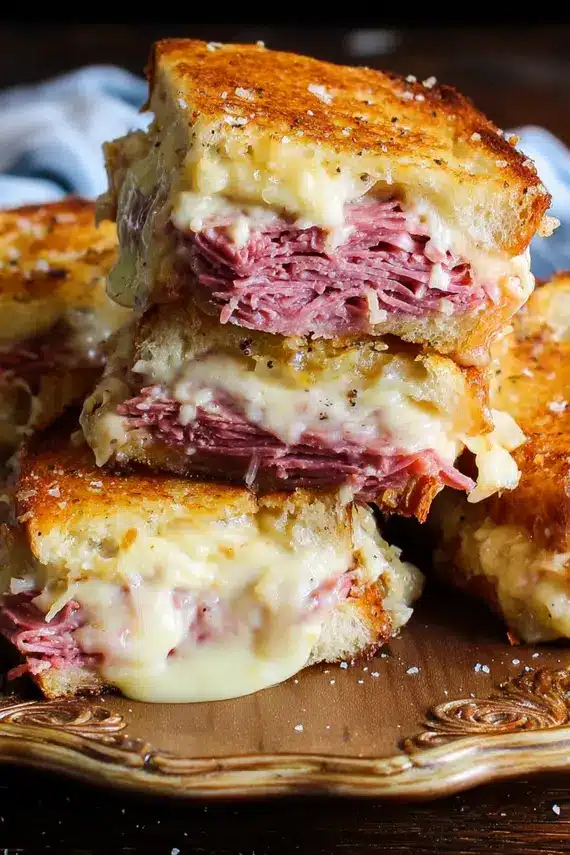 Baked reuben sandwich on plate with dill pickle spear and chips
