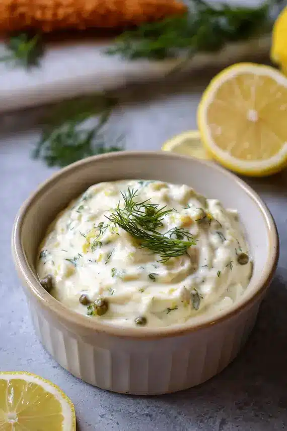 Homemade tartar sauce in a bowl with seafood