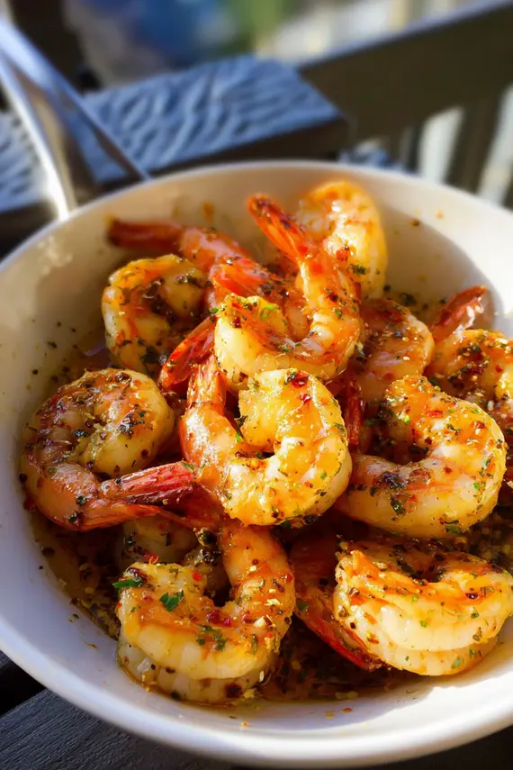 Bowl of marinated shrimp with fresh herbs and lemon