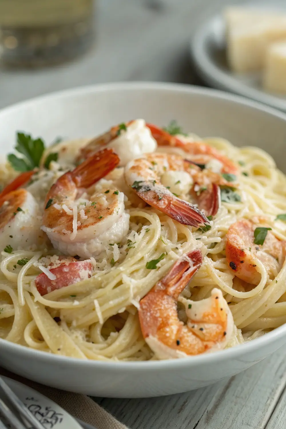 Close-up of creamy shrimp pasta with garnishes and fork twirling pasta