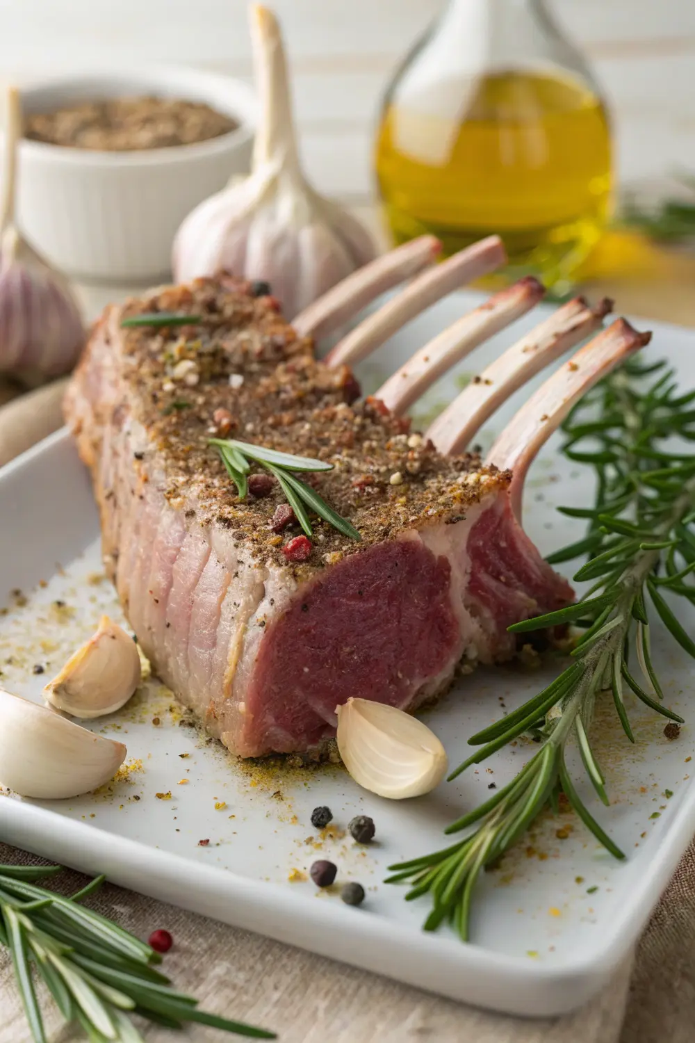 Aromatic spice rub ingredients for lamb with fresh herbs and spices