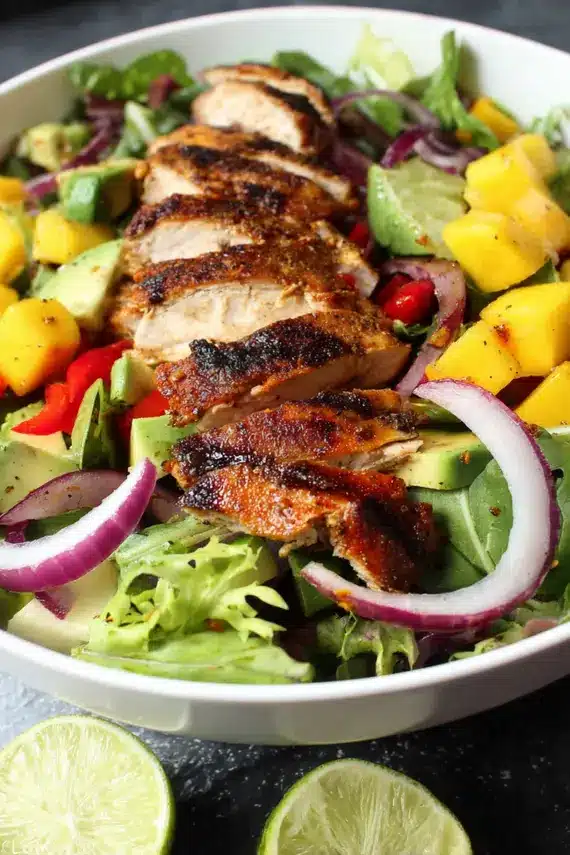 Spicy Jerk Chicken Salad with mango and greens