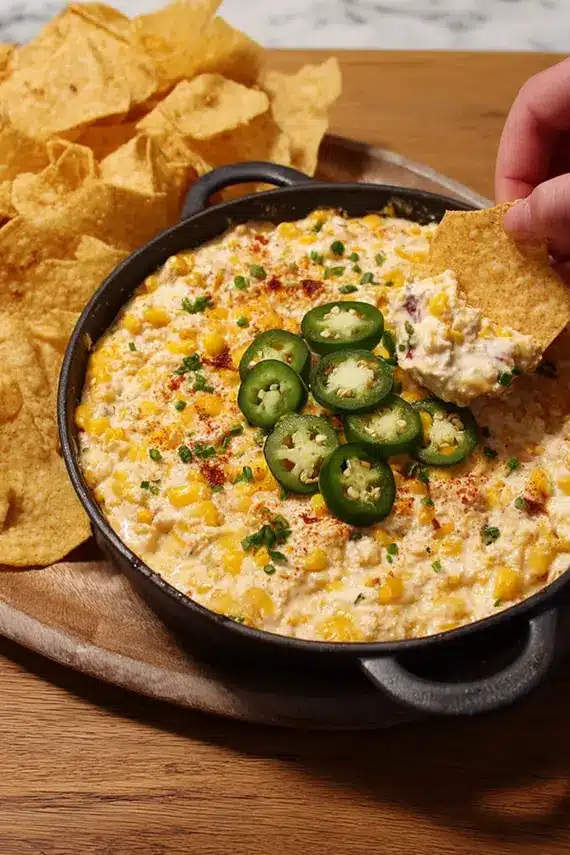 Jalapeño corn dip in a white bowl surrounded by tortilla chips and fresh vegetables