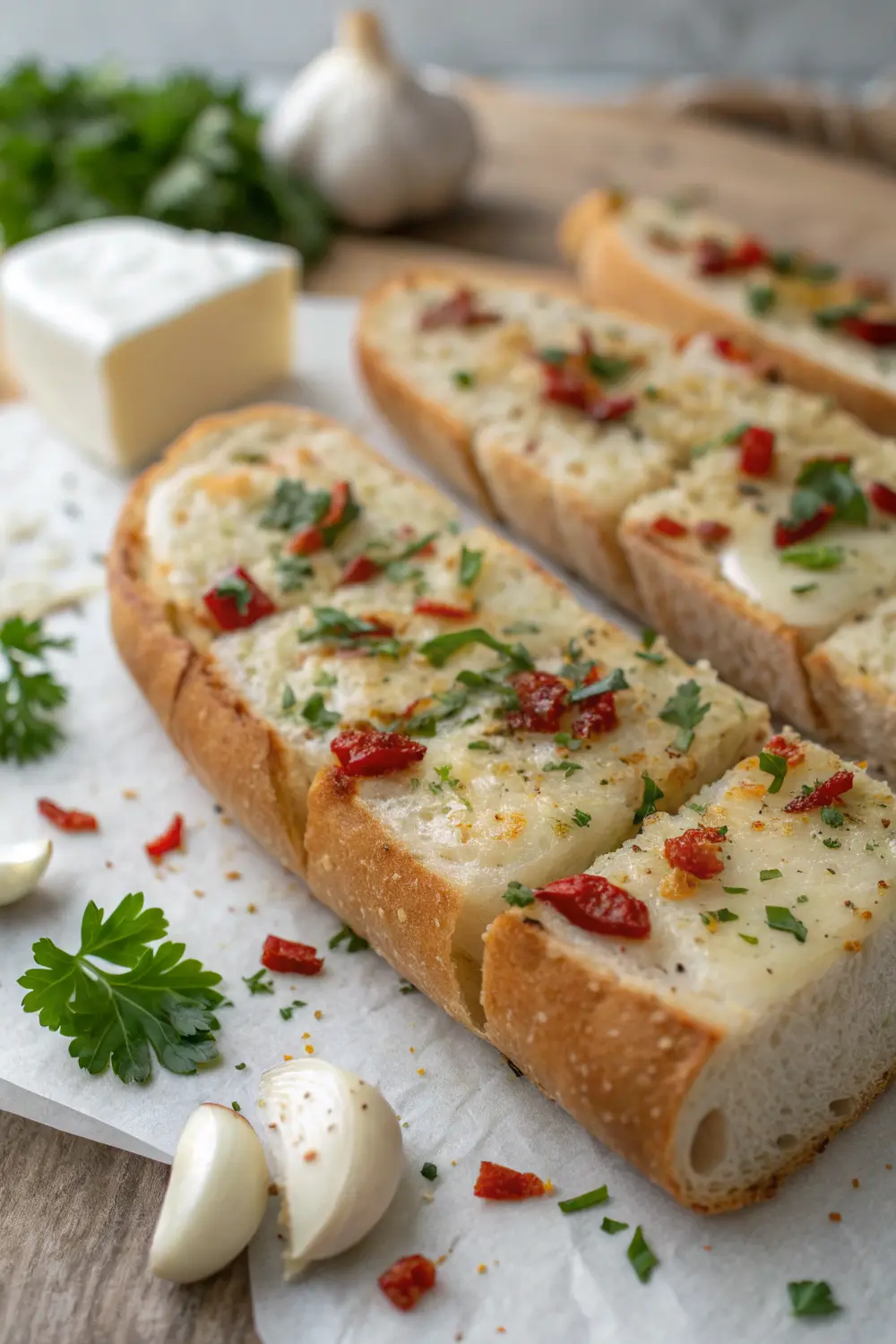 Chili garlic cheese bread served on a wooden board with dipping sauce