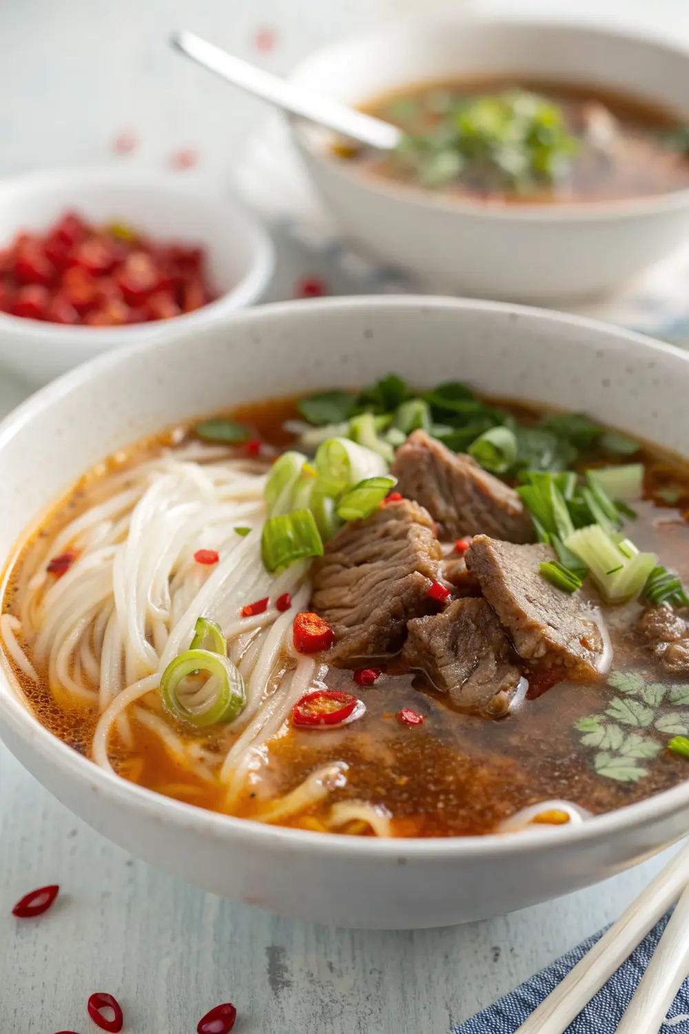 Various toppings and garnishes for spicy beef noodle soup
